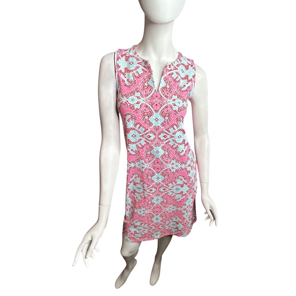 J. McLaughlin XS Catalina Cloth V Neck Shift Dress Pink Blue
